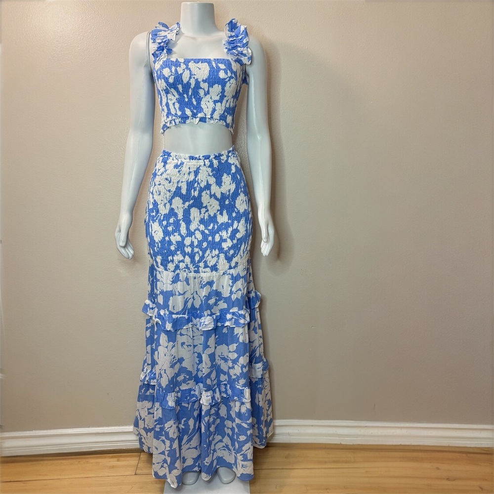 Blue white shirred crop top shirred maxi skirt with ruffles set